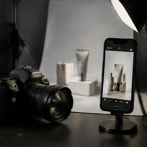 Camera and phone in a product advertising studio
