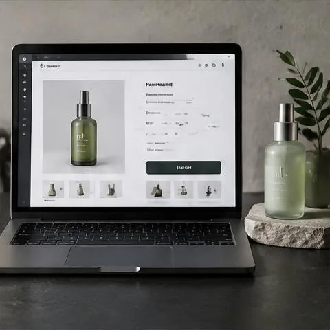 Product detail page displayed beside a skincare bottle